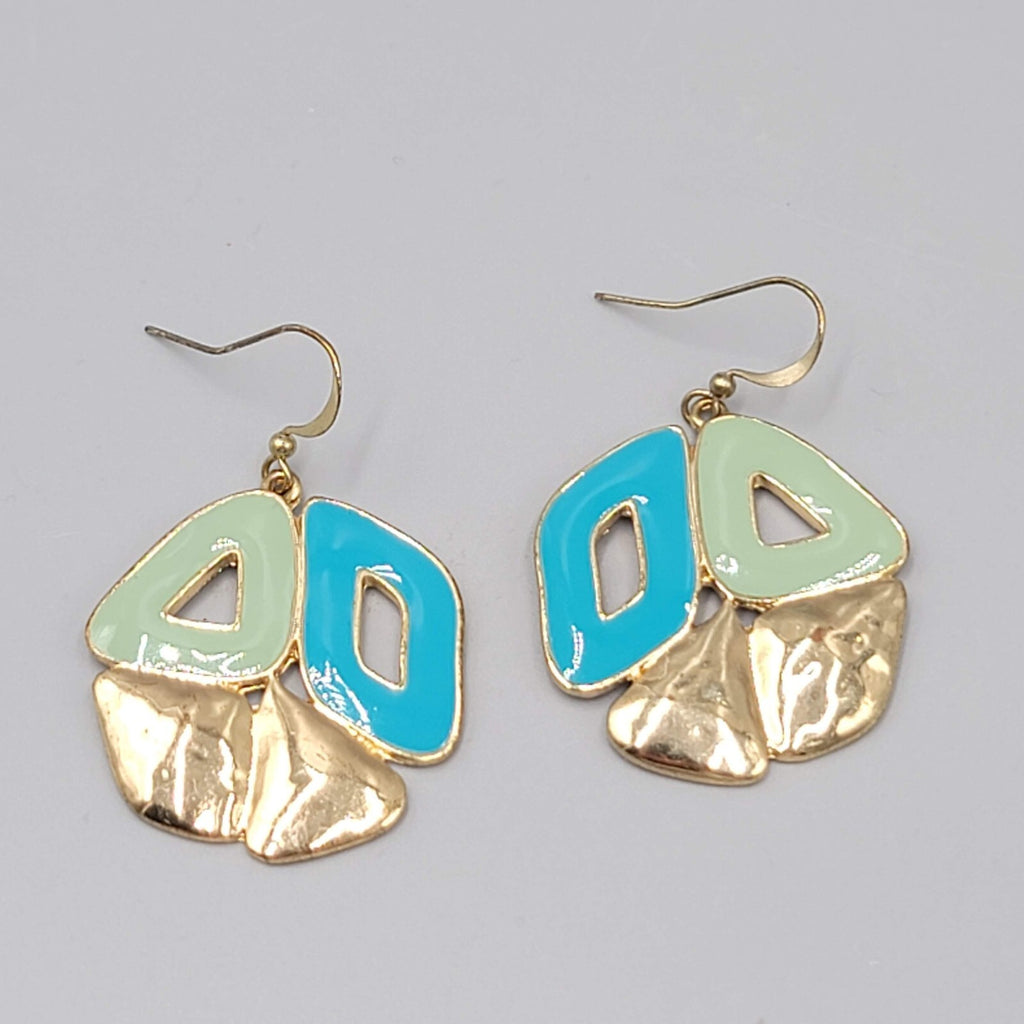 Pierced Earrings Gold tone Blue Enamel Dangle 1.5"