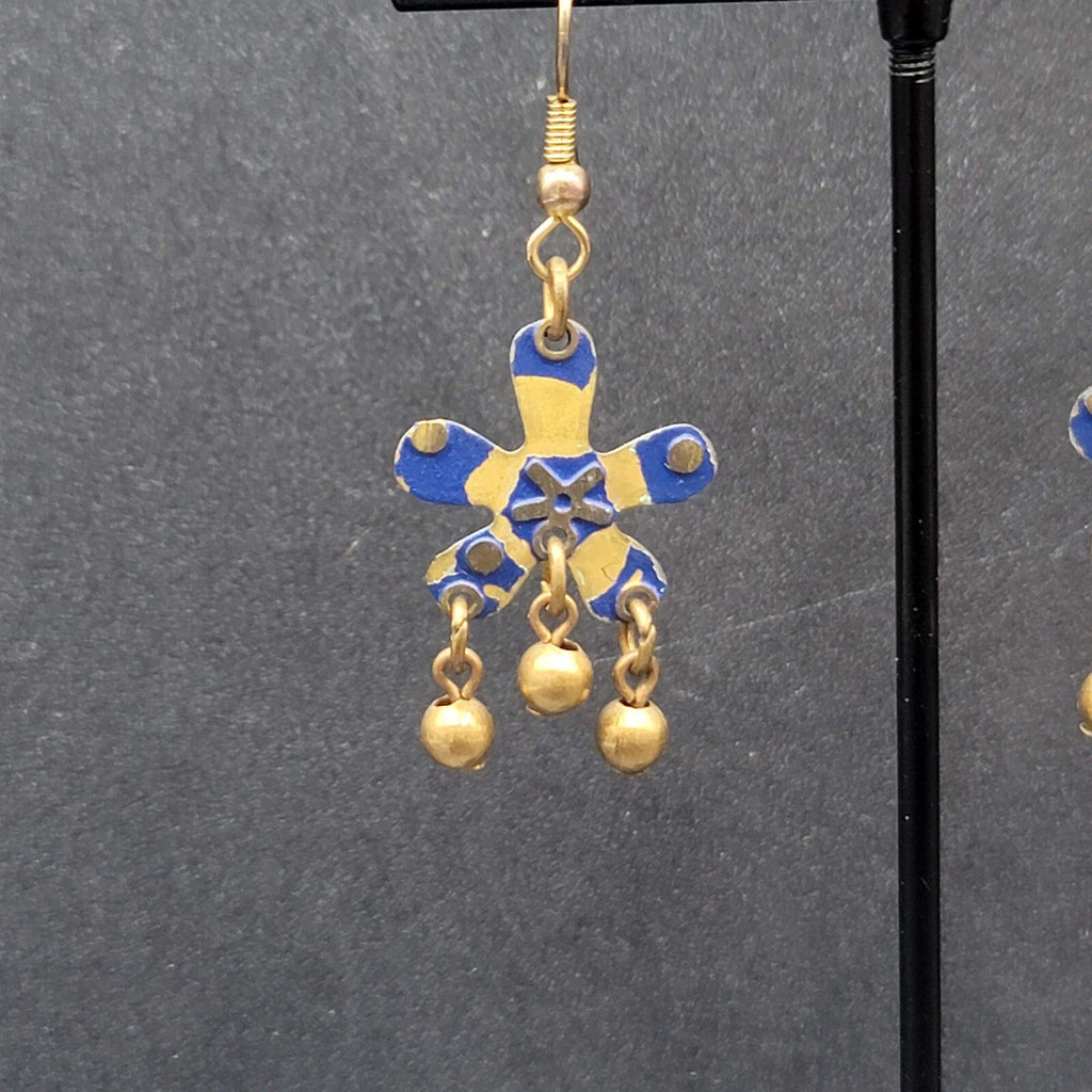Pierced Earrings Brass Flower Blue Enamel Dangle 1.25"