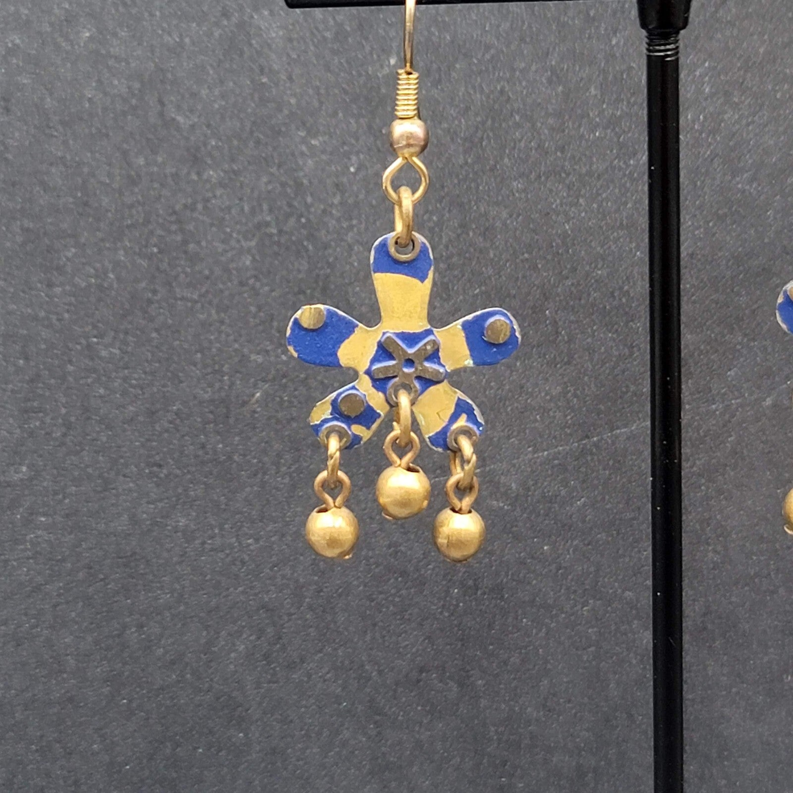 Pierced Earrings Brass Flower Blue Enamel Dangle 1.25"