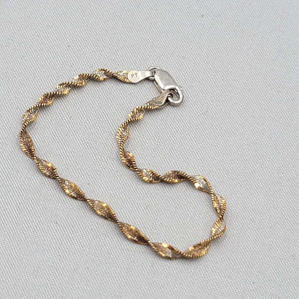  Twisted Spiral Herringbone Two-Toned 925 Sterling Silver Bracelet  7" Signed PT