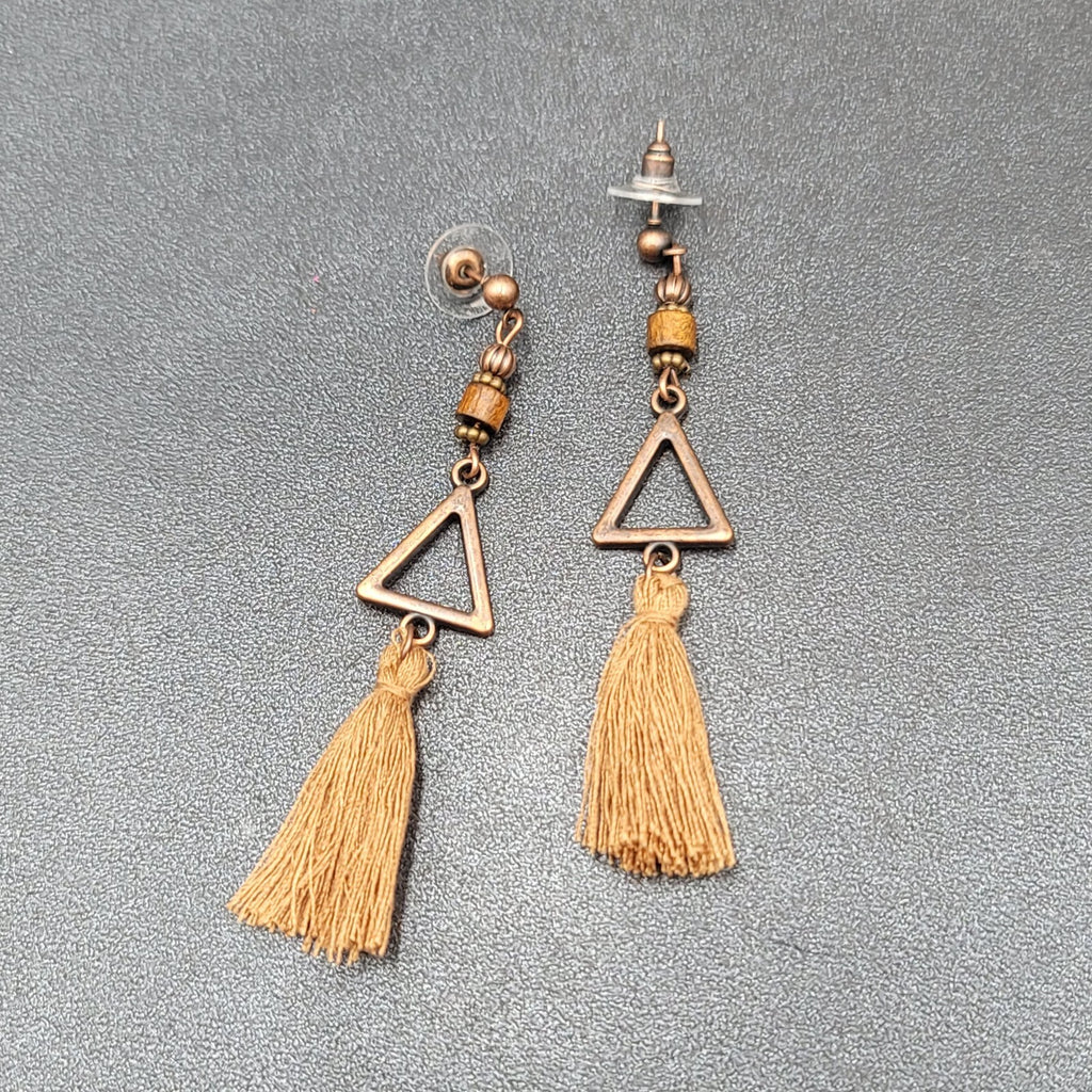 Tassel Pierced Earrings Bronze tone Wood Triangle Dangle 2.75"