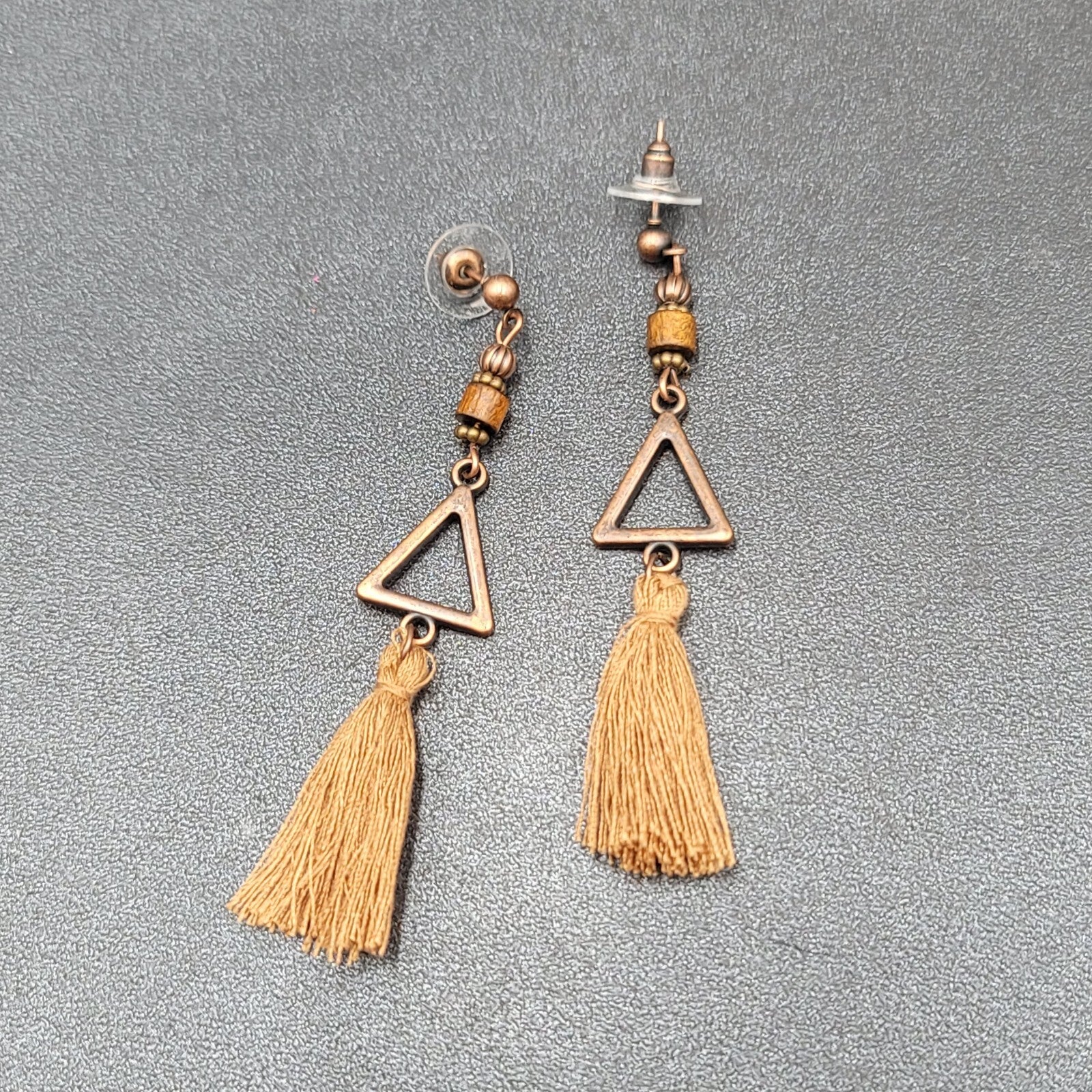 Tassel Pierced Earrings Bronze tone Wood Triangle Dangle 2.75"