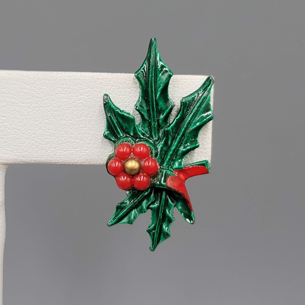 Vintage Enamel Holly Clip on Earrings Christmas Climber 1.25"