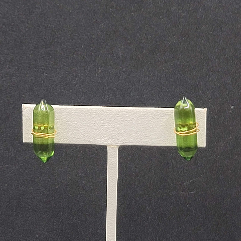 Pierced Earrings Green Resin Gold tone Wrapped Bar 7/8"