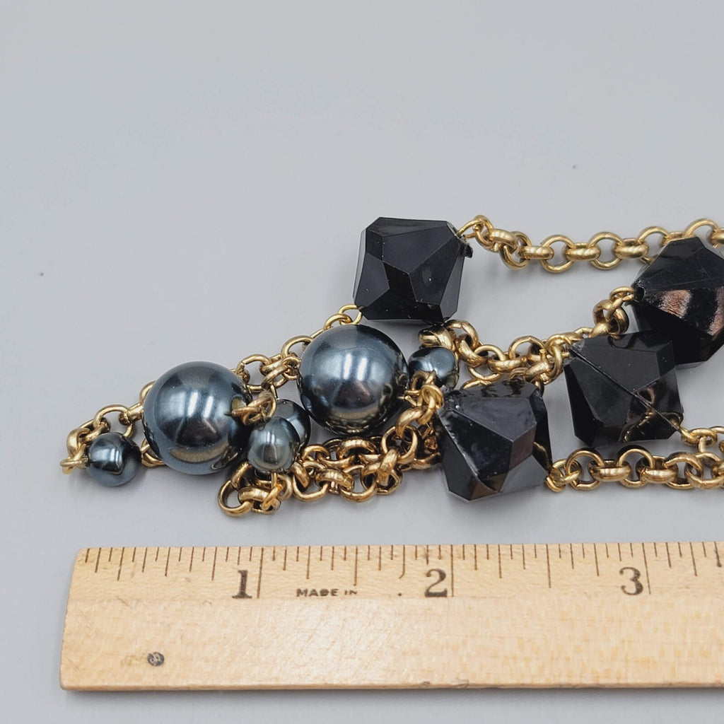 Long Rolo Chain Necklace Gold tone Black and Metallic Blue Beads 44"