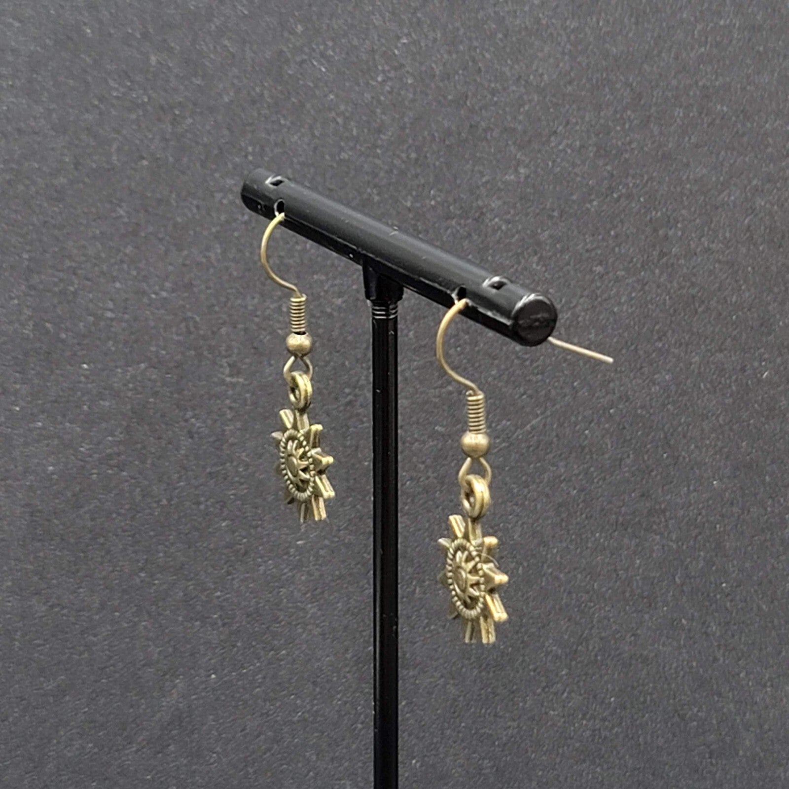 Sun Pierced Earrings Bronze tone Embossed Dangle New 5/8"