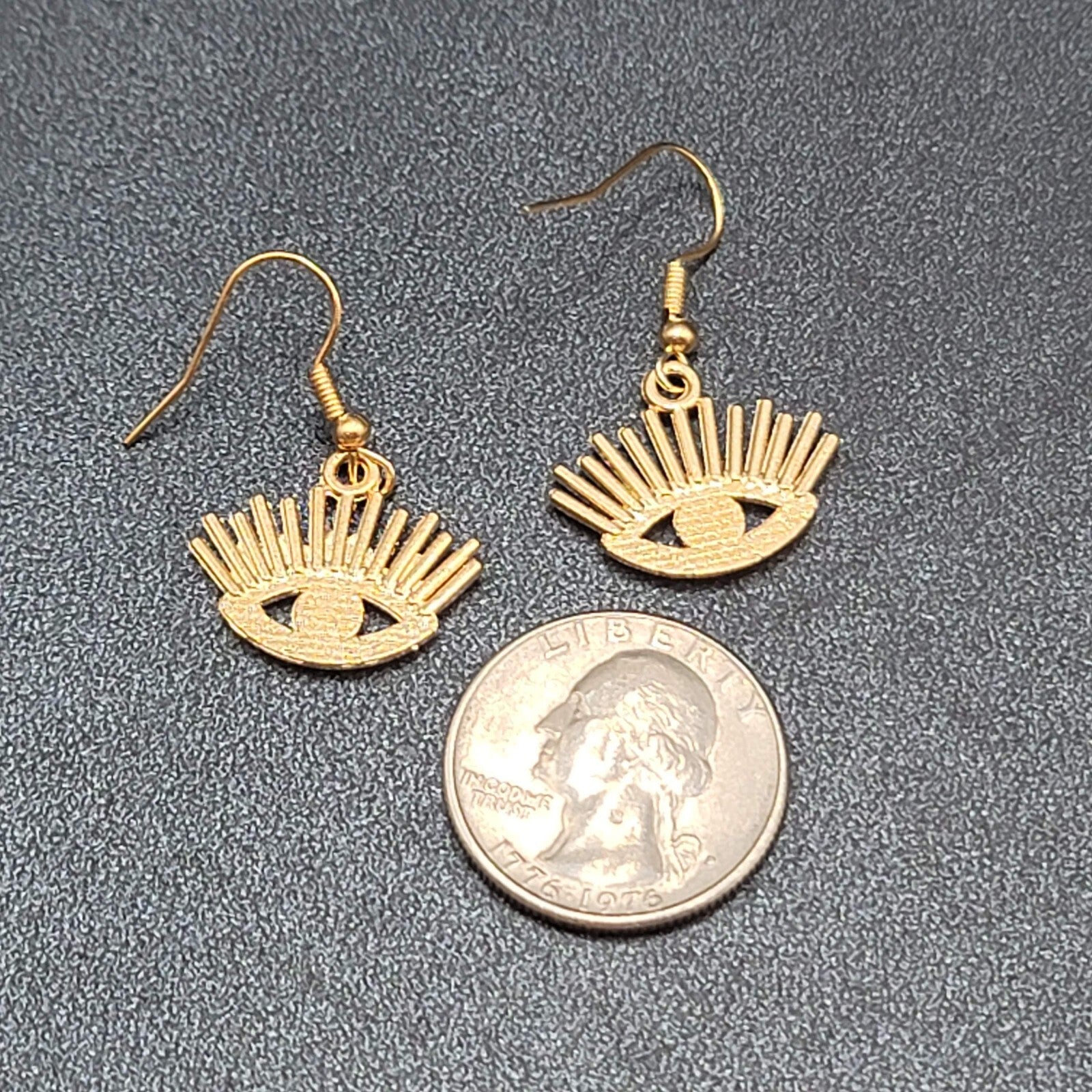 New Evil Eye Pierced Earrings Gold tone Enamel Dangle Eyelashes 5/8"