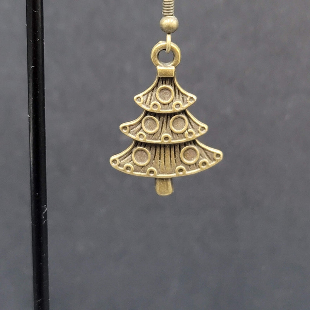 New Christmas Tree Pierced Earrings Embossed Bronze tone Dangle 1"