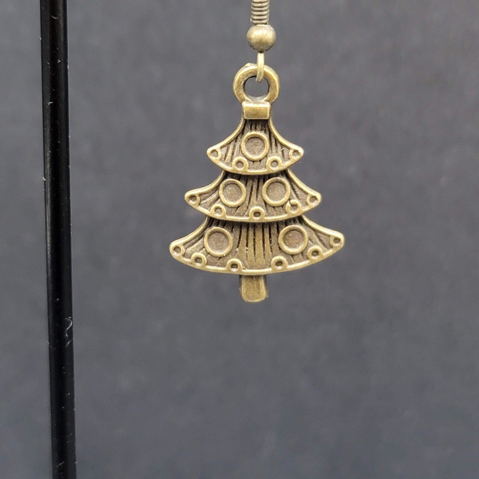 New Christmas Tree Pierced Earrings Embossed Bronze tone Dangle 1"
