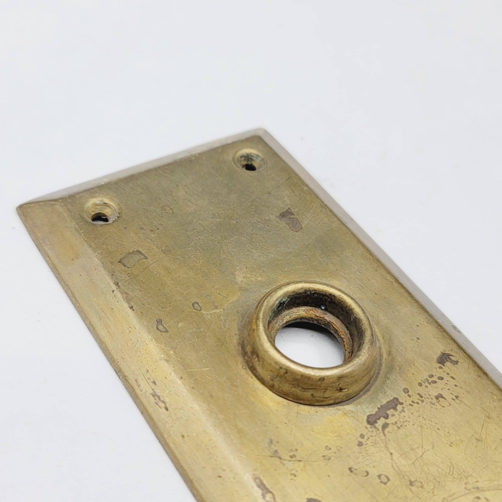 Vintage Brass Interior Doorknob Back Plate 8" x 2 3/4" holes 2 1/2"