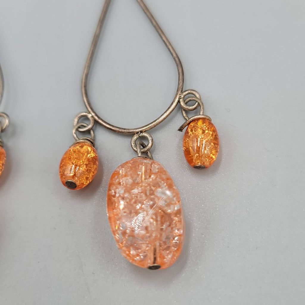 Confetti Orange Bead Pierced Earrings Silver tone Dangle 2.75"