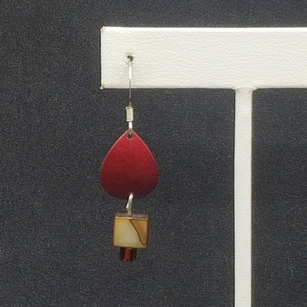 Pierced Earrings Red Enamel Shell Statement Dangle 3/8"