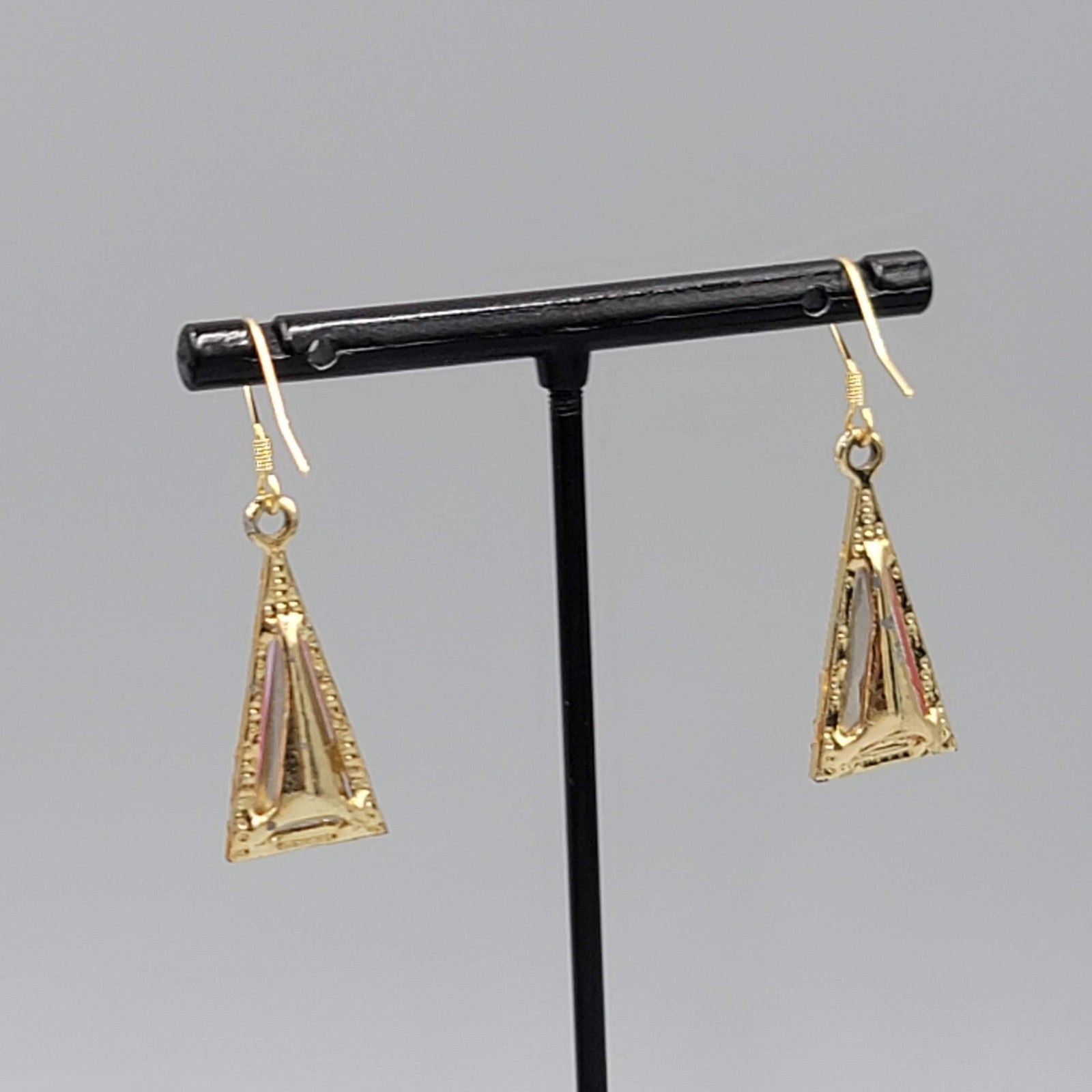 Triangle Pink Rhinestone Pierced Earrings Gold tone Dangle 7/8"