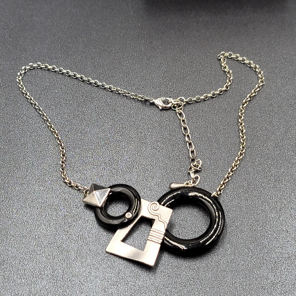 Geometric Necklace Black Accent  Silver tone Chain 16"-19"