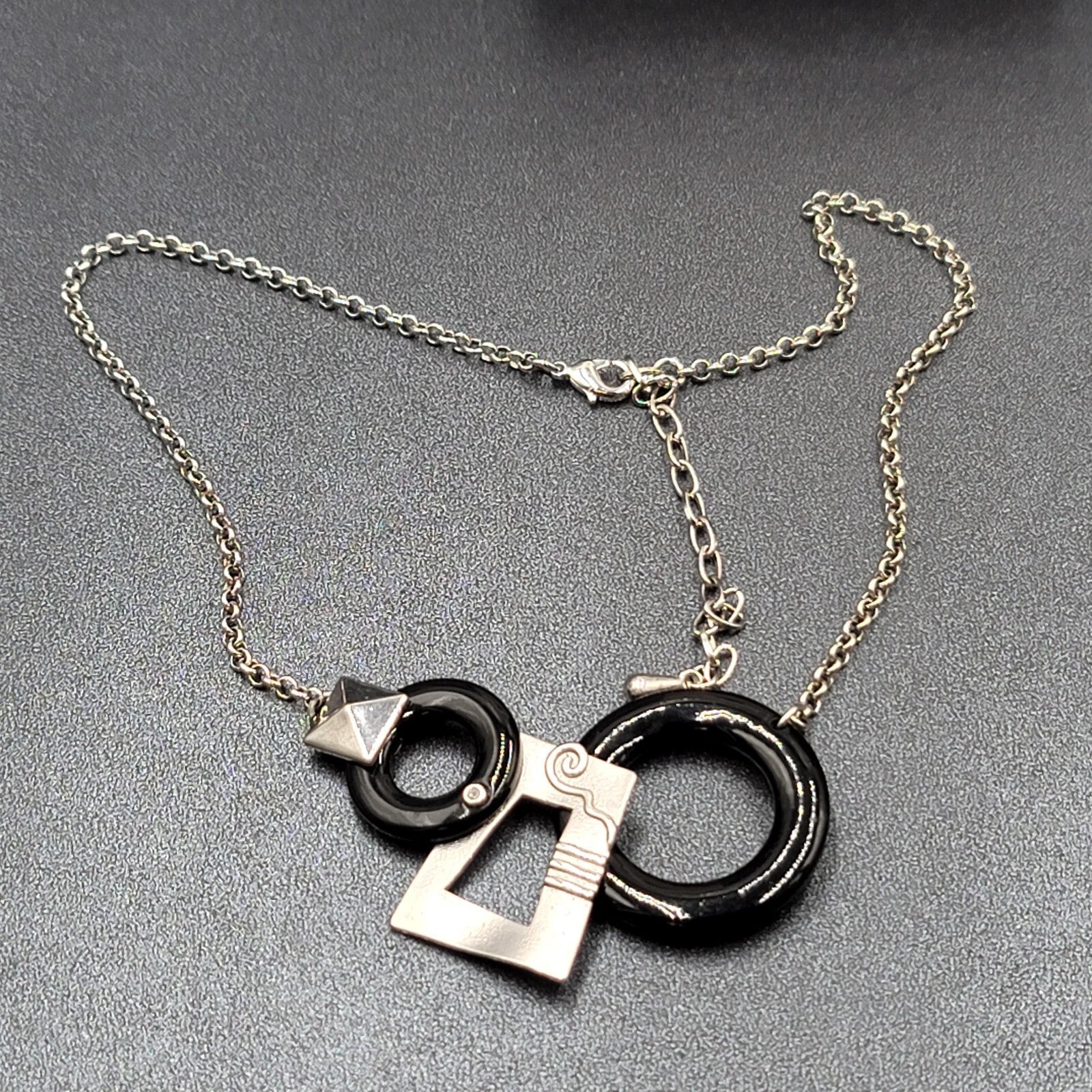 Geometric Necklace Black Accent  Silver tone Chain 16"-19"