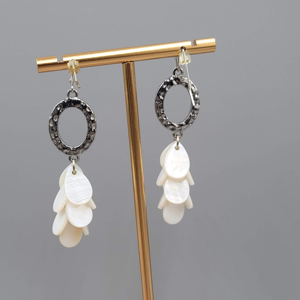 White Shell Pierced Earrings Hammered Silver tone Dangle 2 in