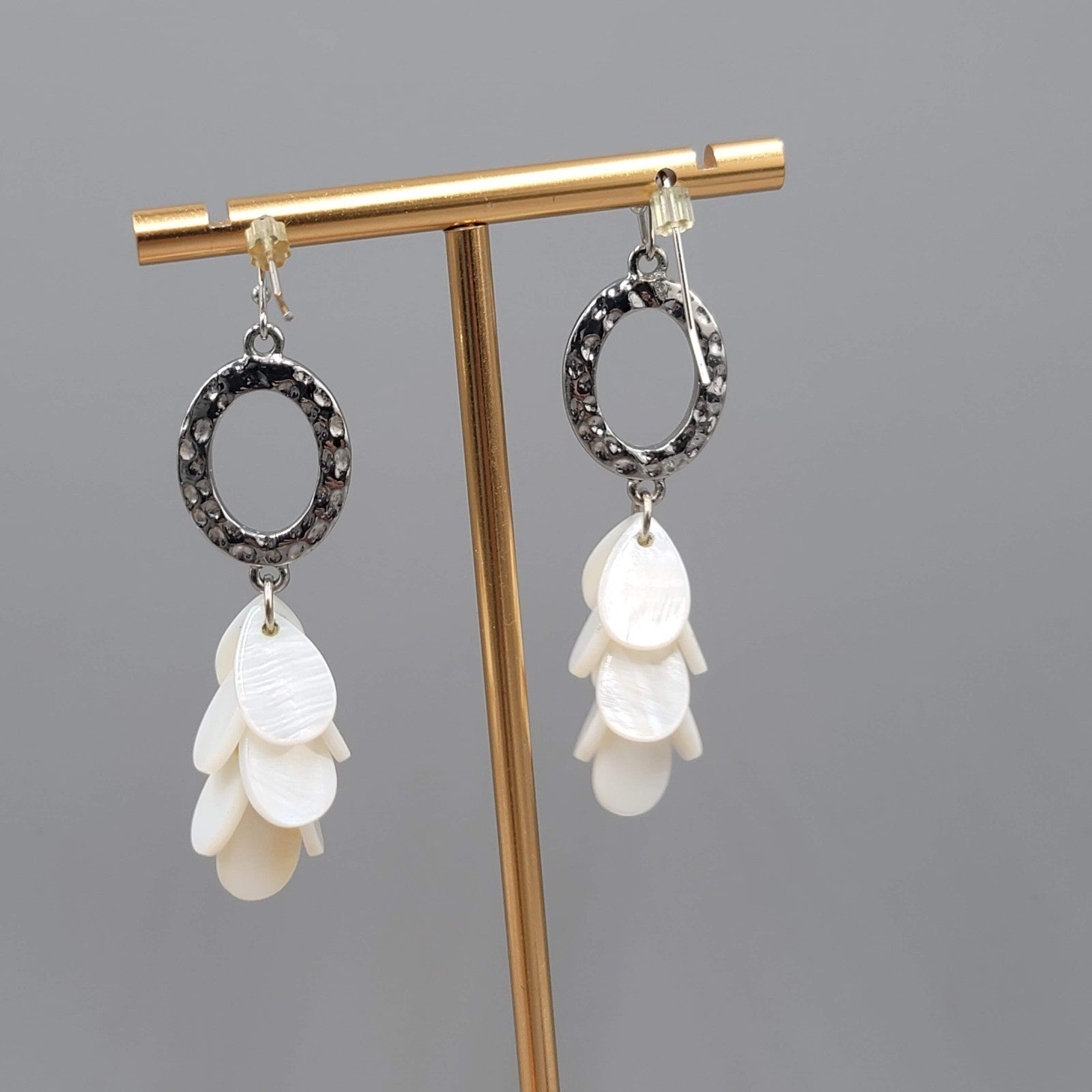 White Shell Pierced Earrings Hammered Silver tone Dangle 2 in