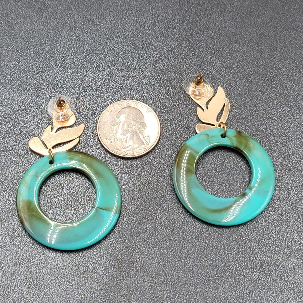 Pierced Earrings Gold tone Turquoise Acrylic Lightweight 2.25"