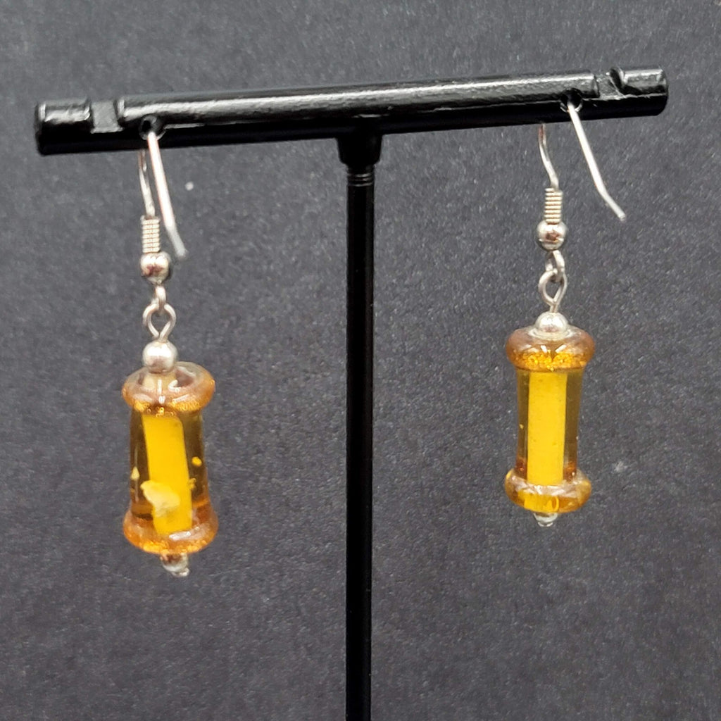 Pierced Earrings Silver tone Orange Art Glass Bead Dangle 1"