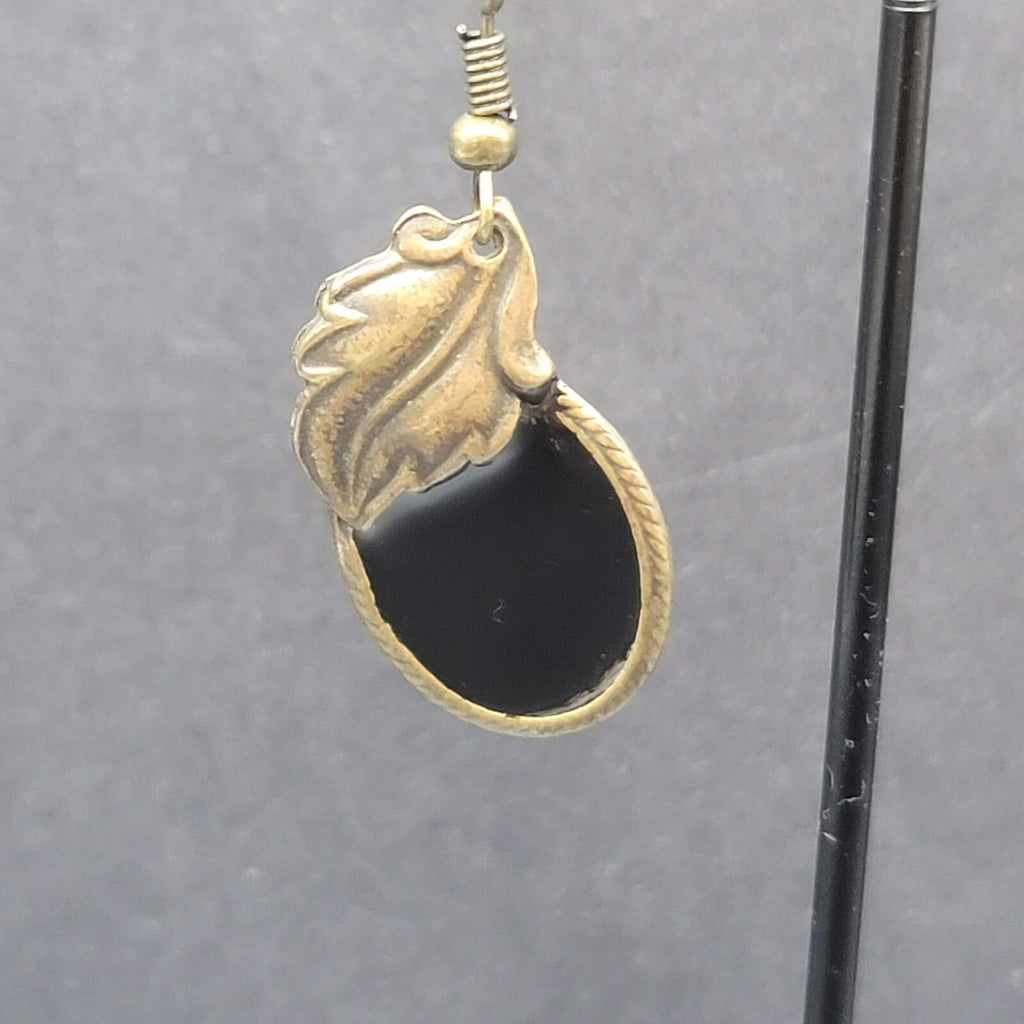 Pierced Earrings Bronze tone Black Enamel Leaf Design 1 1/8"