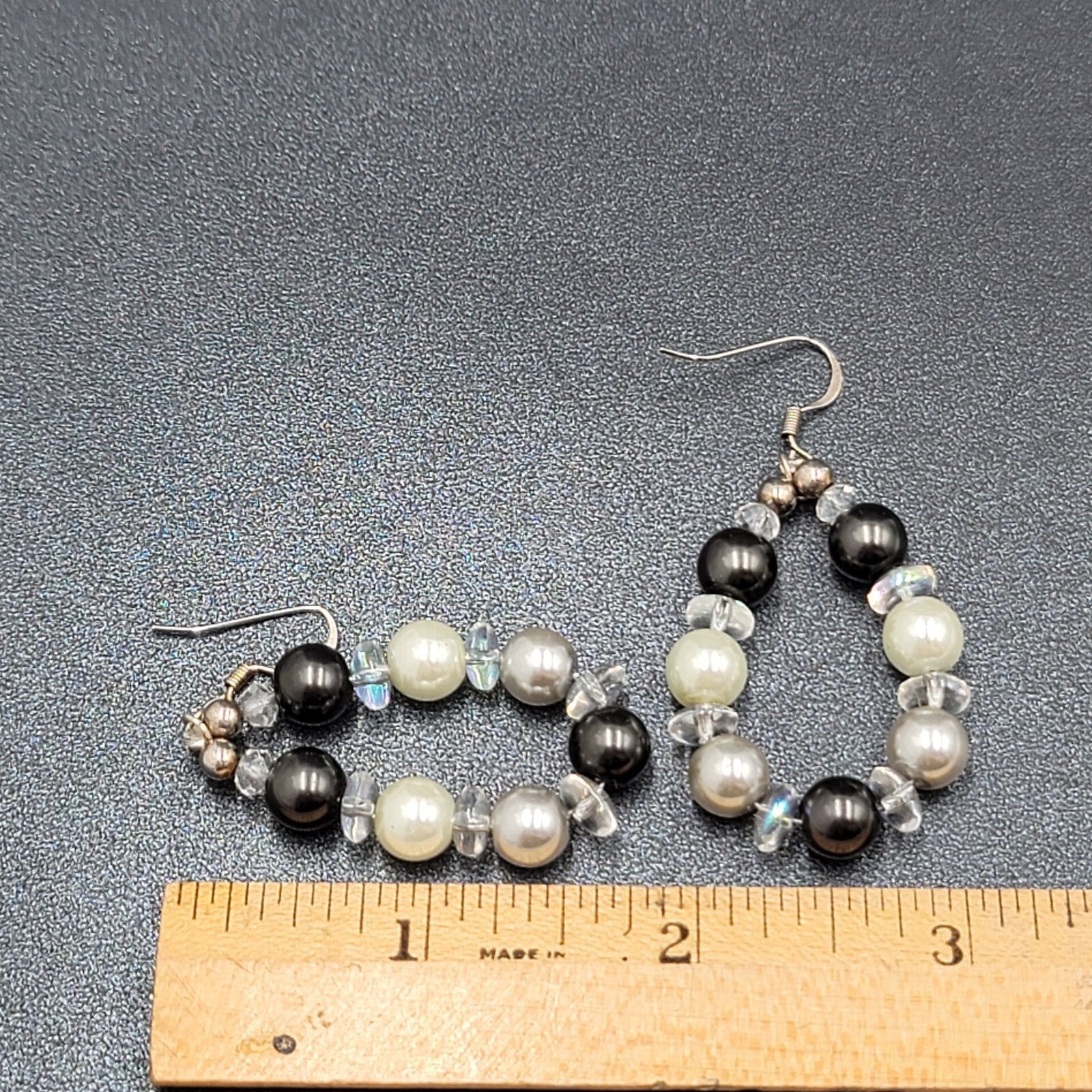 Pierced Earrings Black White Clear Beads Dangle Hoops Silver tone  1.75"