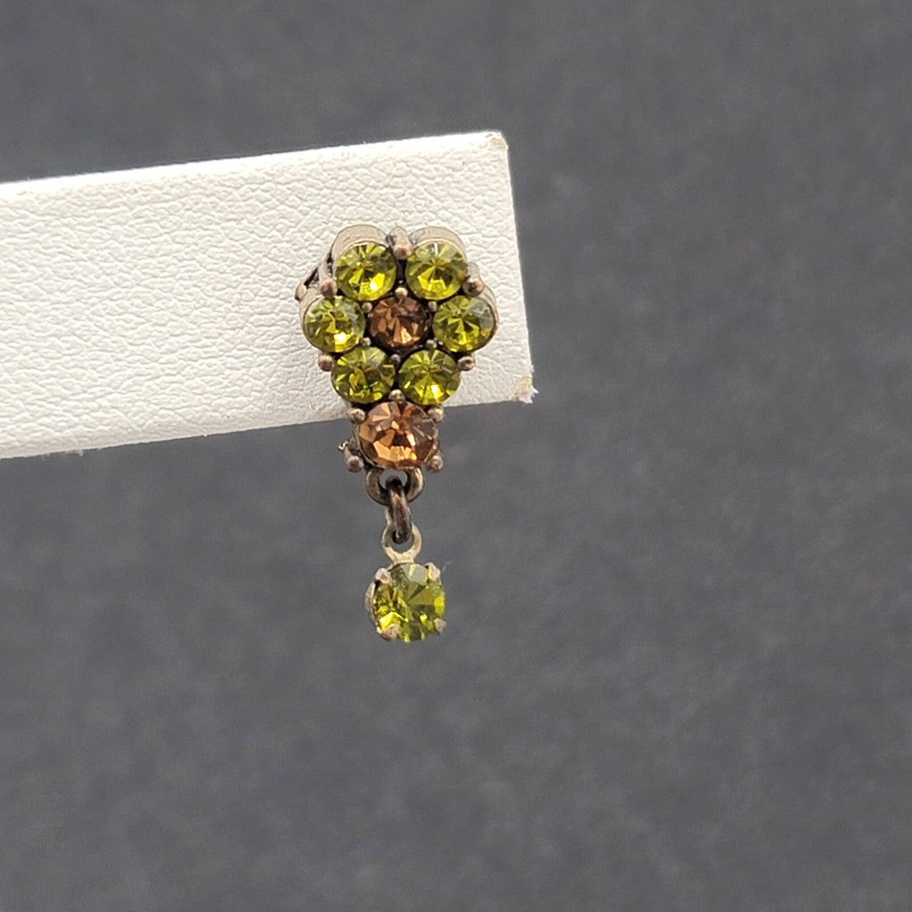 Flower Pierced Earrings Bronze tone Green Brown Crystal Dangle 3/4"