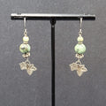 Pierced Earrings Silver tone Green Stone Dangle Leaves 1 3/8"