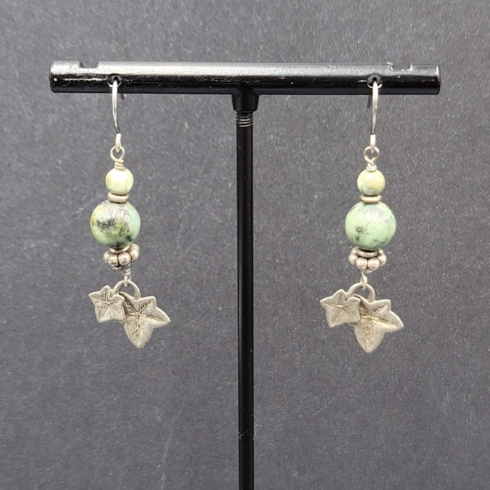 Pierced Earrings Silver tone Green Stone Dangle Leaves 1 3/8"