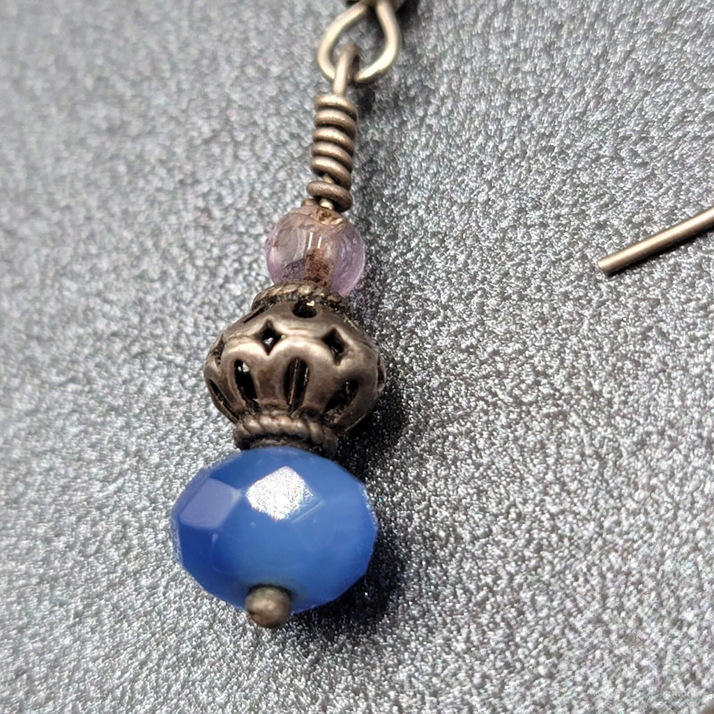 Pierced Earrings Silver tone Blue Glass Faceted Bead Dangle 1"