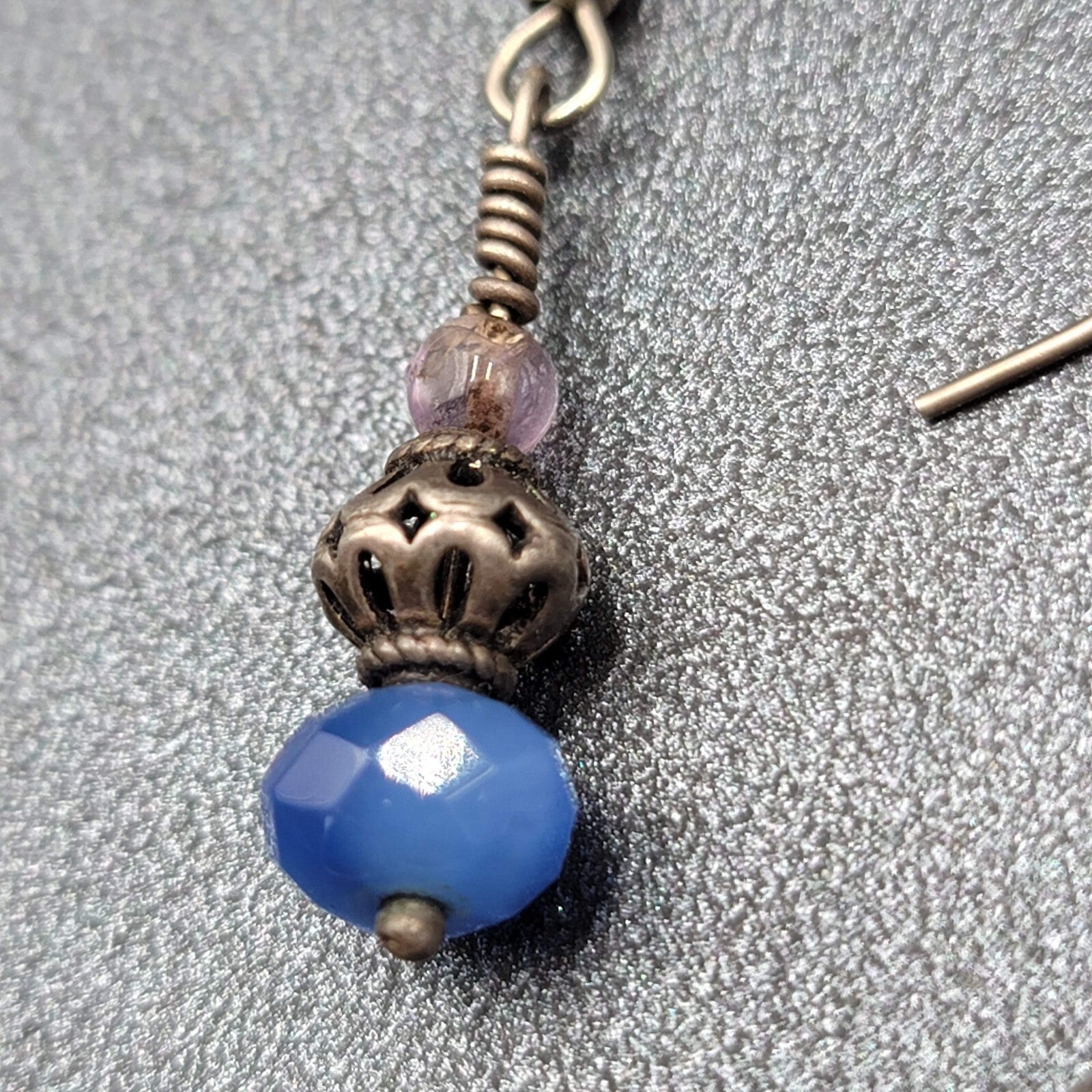 Pierced Earrings Silver tone Blue Glass Faceted Bead Dangle 1"