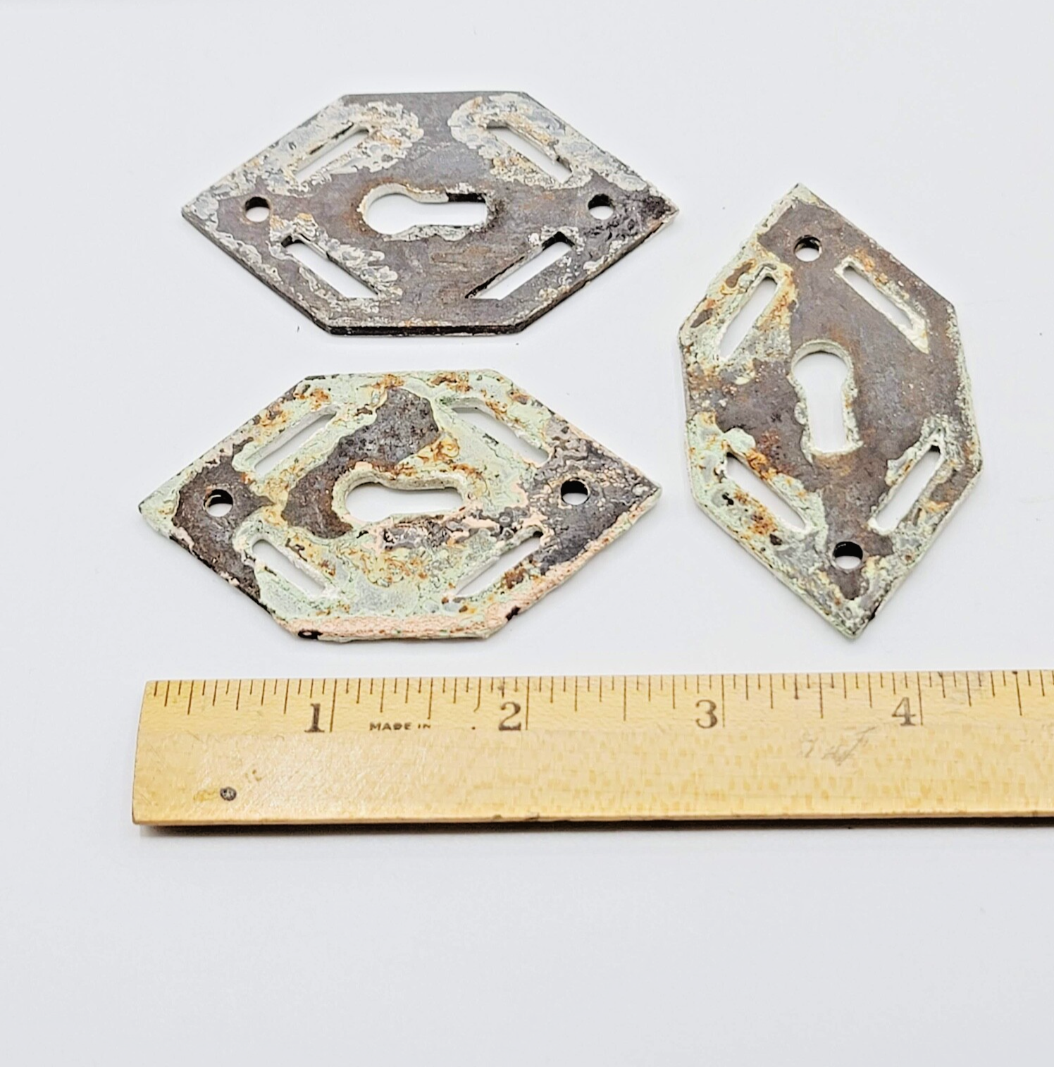 Set of 3 Vintage Cast Iron Skeleton Key hole Escutcheon Salvage Lot Painted