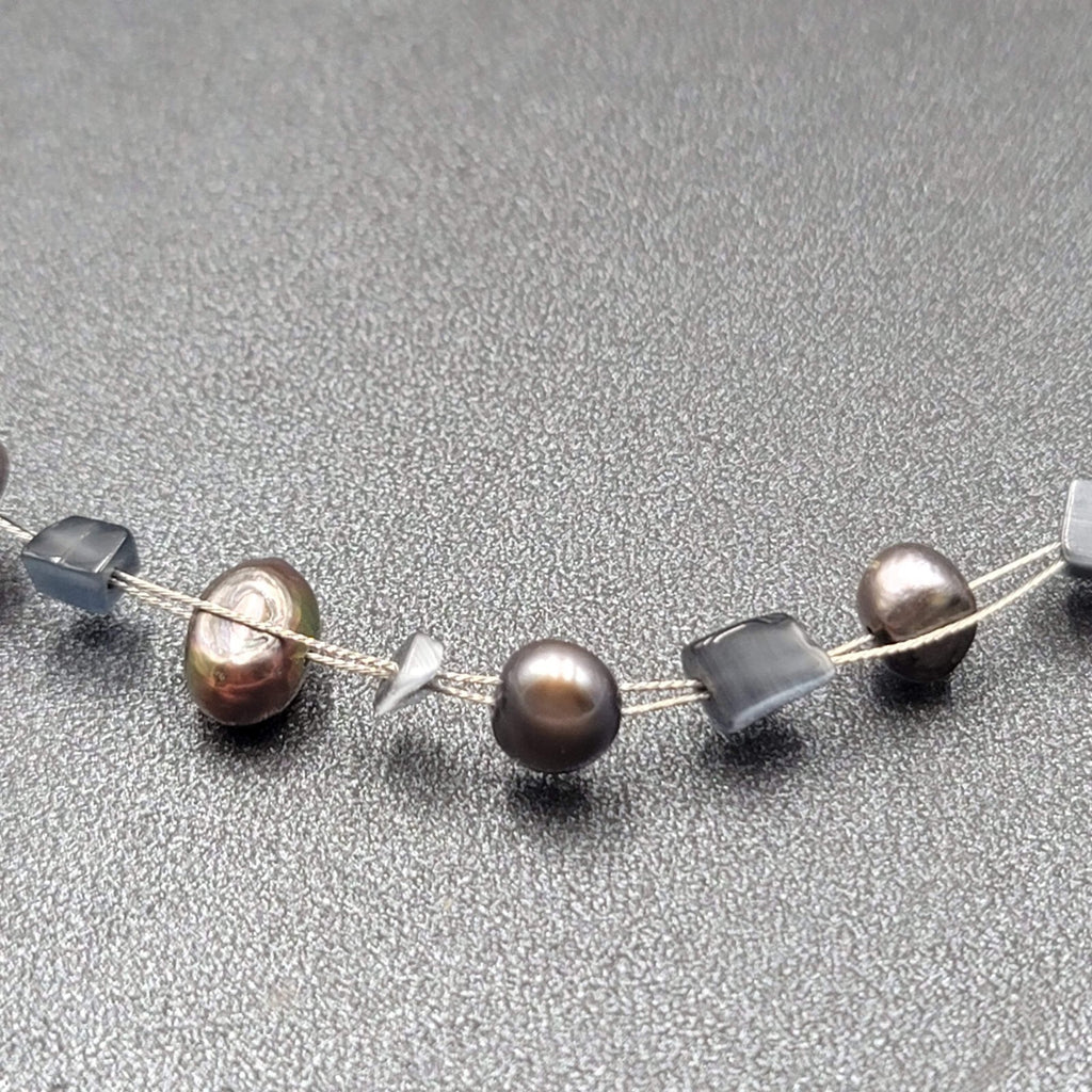 Multi Strand Pearl Station Floating Beads Necklace 18"