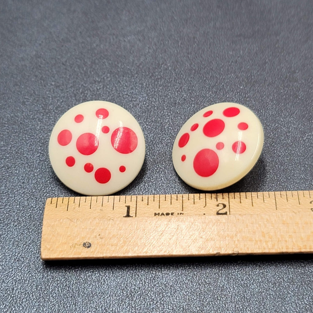 Vintage Pierced Earrings White Acrylic Round Red Polka Dots 1"
