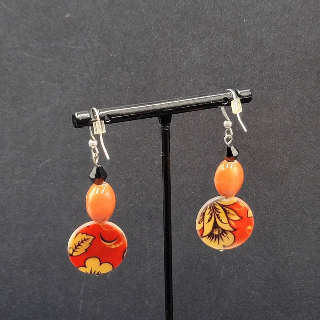 Pierced Earrings Orange Black Beads Flower Mother of Pearl Dangle 1 5/8"