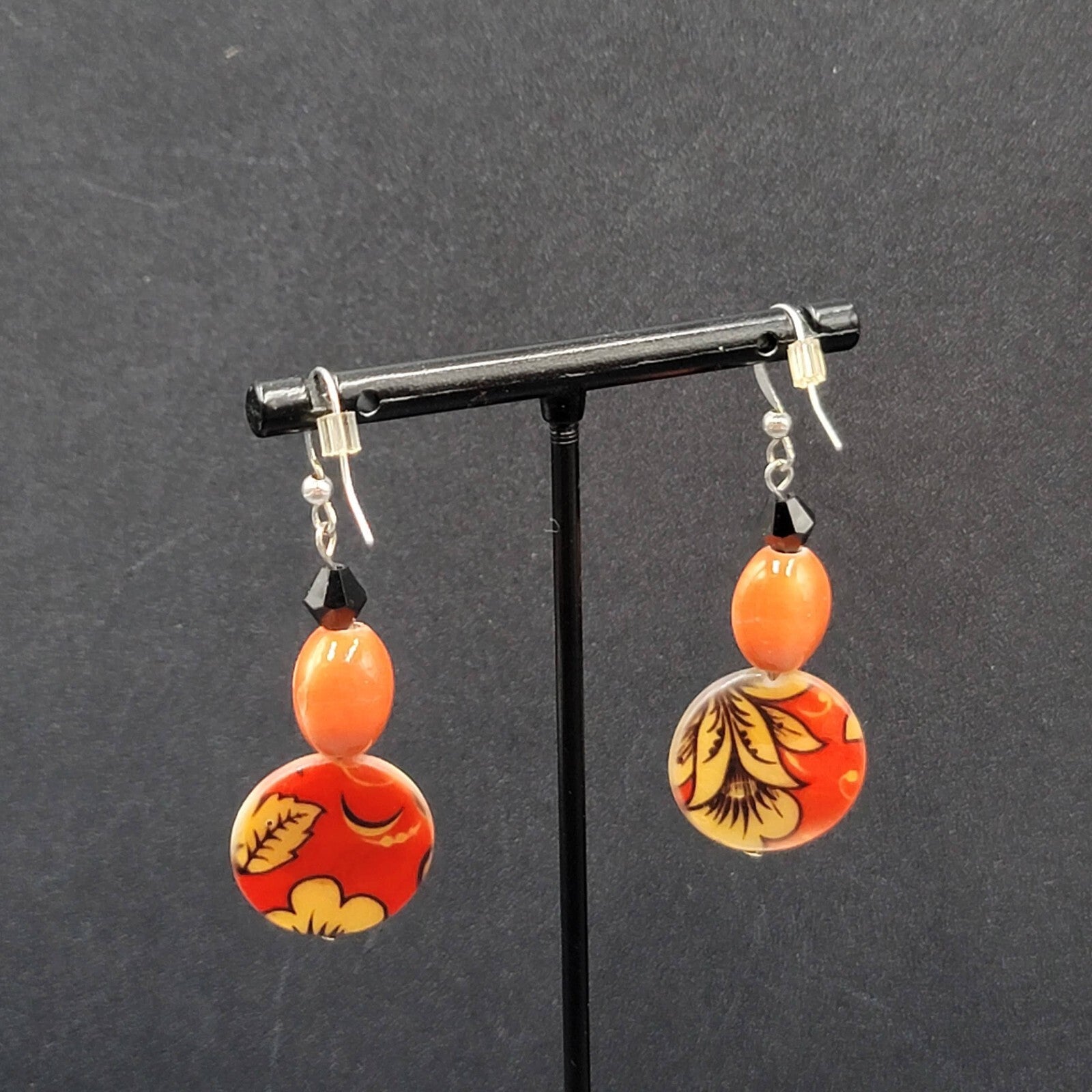 Pierced Earrings Orange Black Beads Flower Mother of Pearl Dangle 1 5/8"