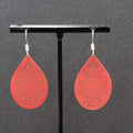 Pierced Earrings Silver tone Red Enamel Open Work Laser cut Teardrop 1 3/8"