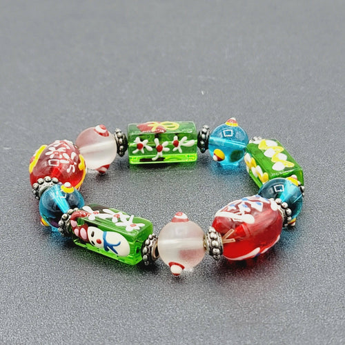 Christmas Art Glass Bead Stretch Bracelet Hand Painted Snowman Snowflake