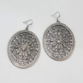Large Medallion Pierced Earrings Black Metal Rhinestone Open Oval Dangle 2.5 in