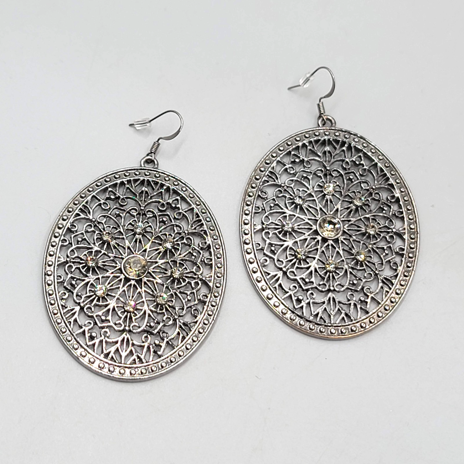 Large Medallion Pierced Earrings Black Metal Rhinestone Open Oval Dangle 2.5 in