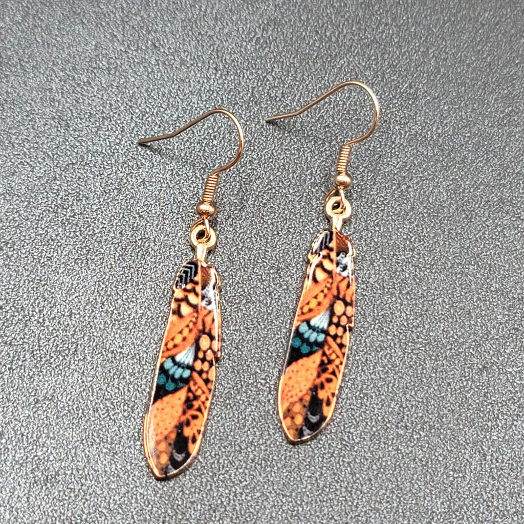 Metal Feather Pierced Earrings Ornage Blue Gold tone Dangle 1.5"
