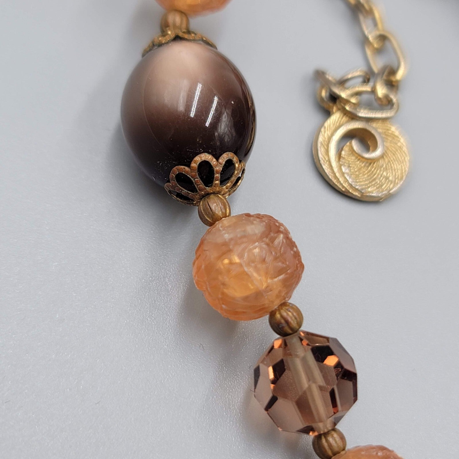 Vintage Lisner Necklace Brown Moon Glow Molded Beads Estate Jewelry 13"-16"