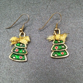 Pierced Earrings Gold tone Green Enamel Christmas Tree Bow Dangle 1"