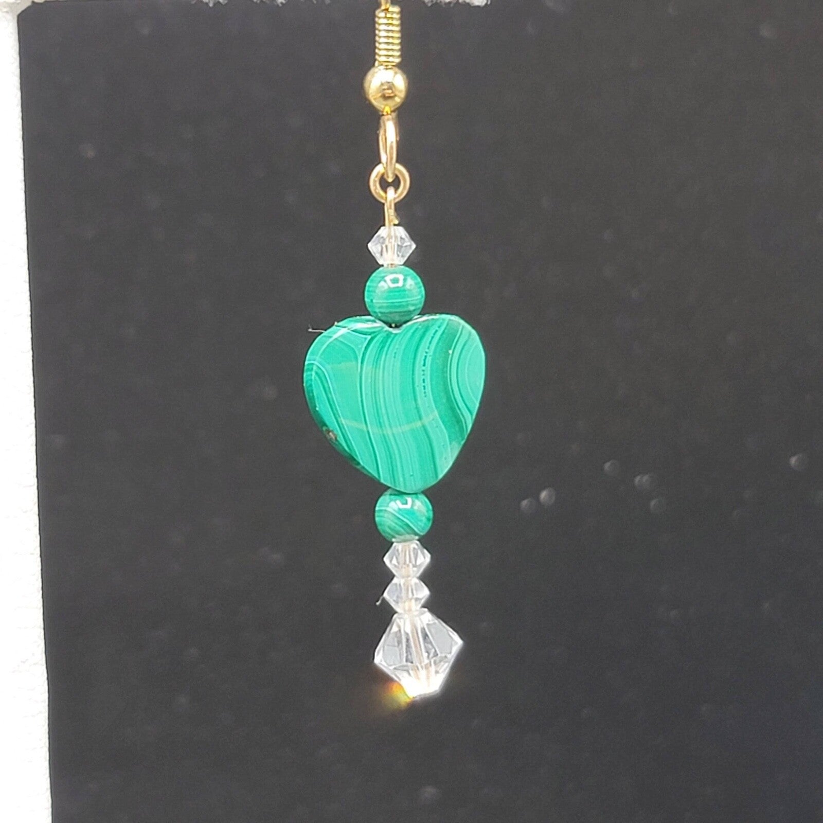 Pierced Earrings Gold tone Malachite Heart Bead Clear Crystals 1 3/8"