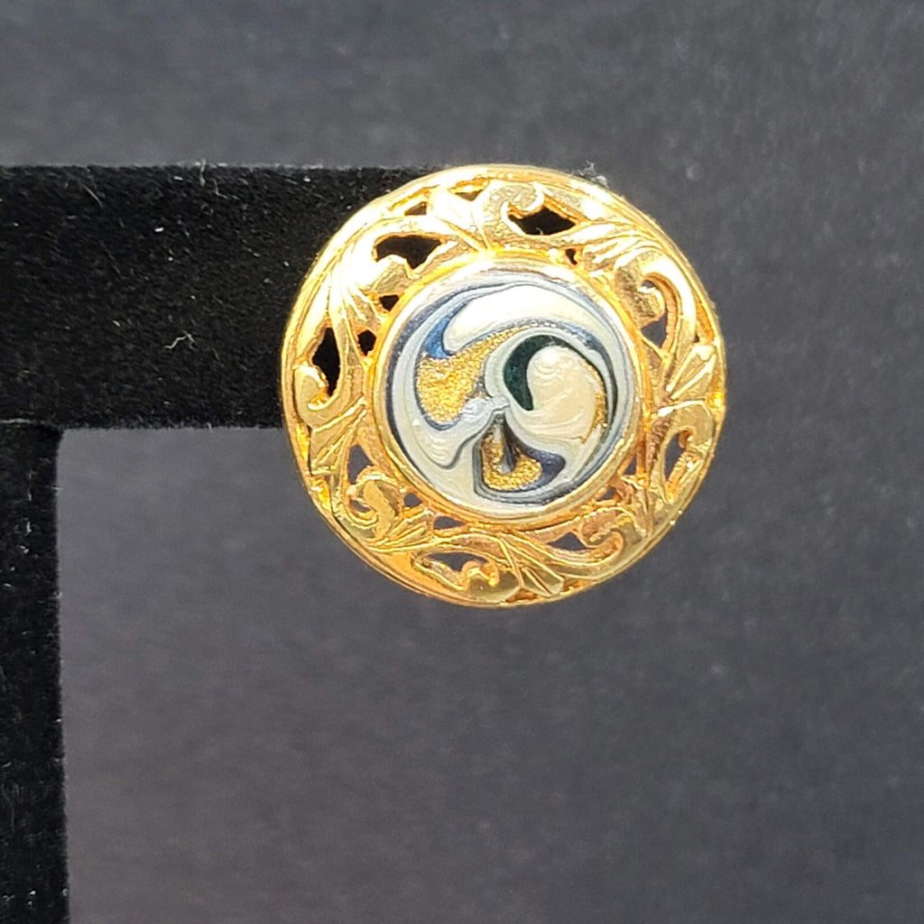 Vintage Pierced Earrings Gold Plated Blue Swirl Enamel Round Drop 1"