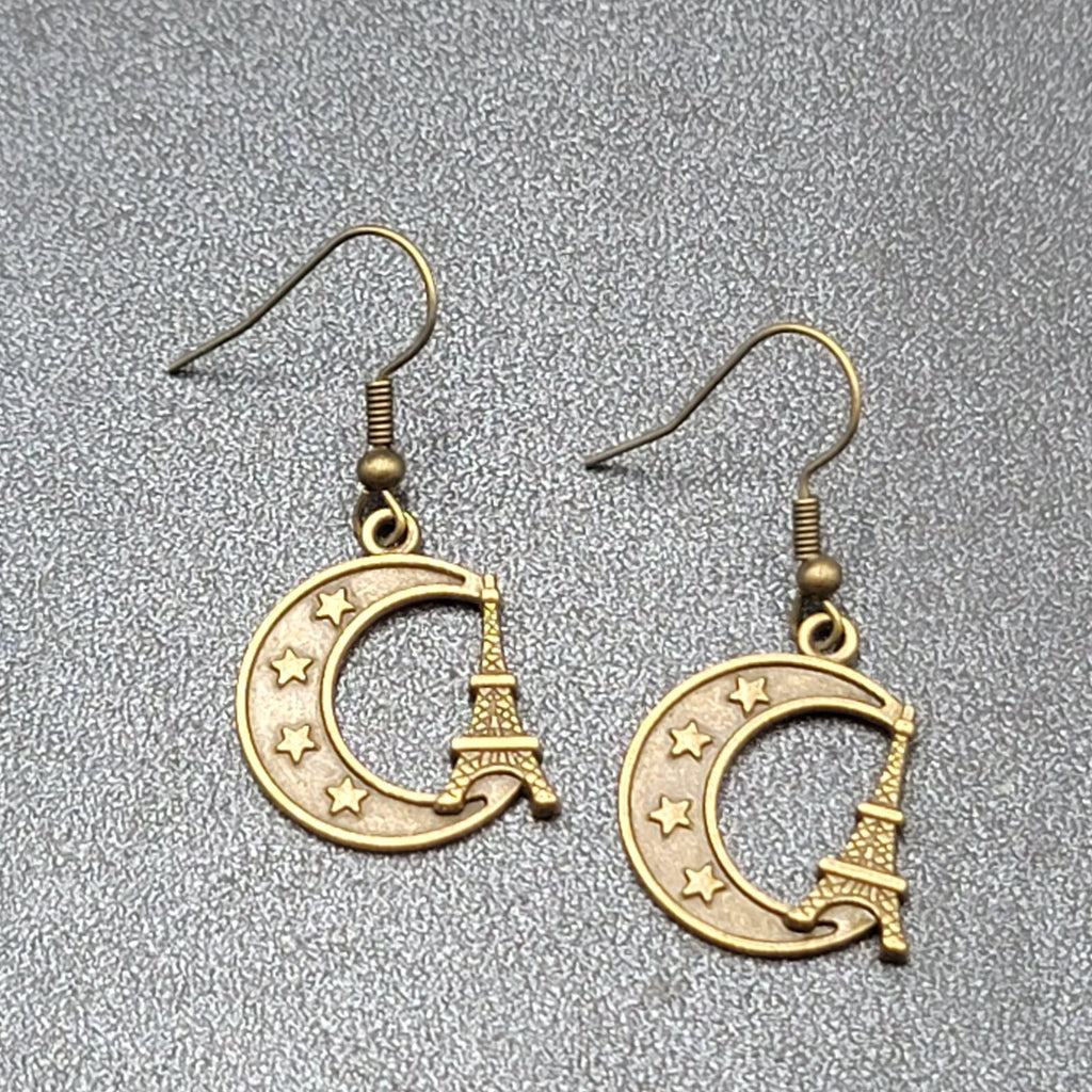 Crescent Moon Eiffel Tower Pierced Earrings Dangle Bronze tone New 7/8"