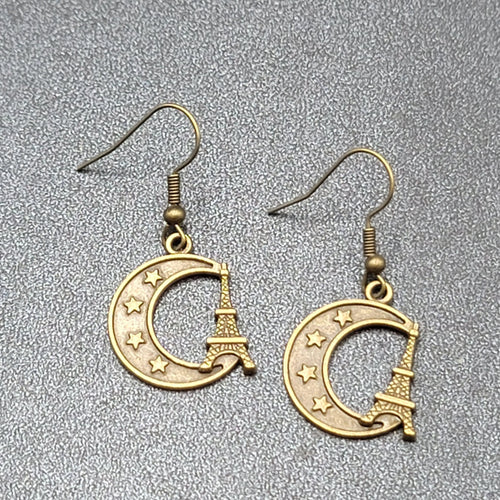 Crescent Moon Eiffel Tower Pierced Earrings Dangle Bronze tone New 7/8"