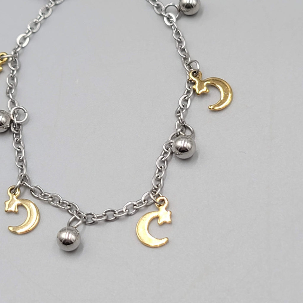 Moon Charm Bracelet Silver tone Chain Gold tone Charms 6.5" - 7.5" Adj