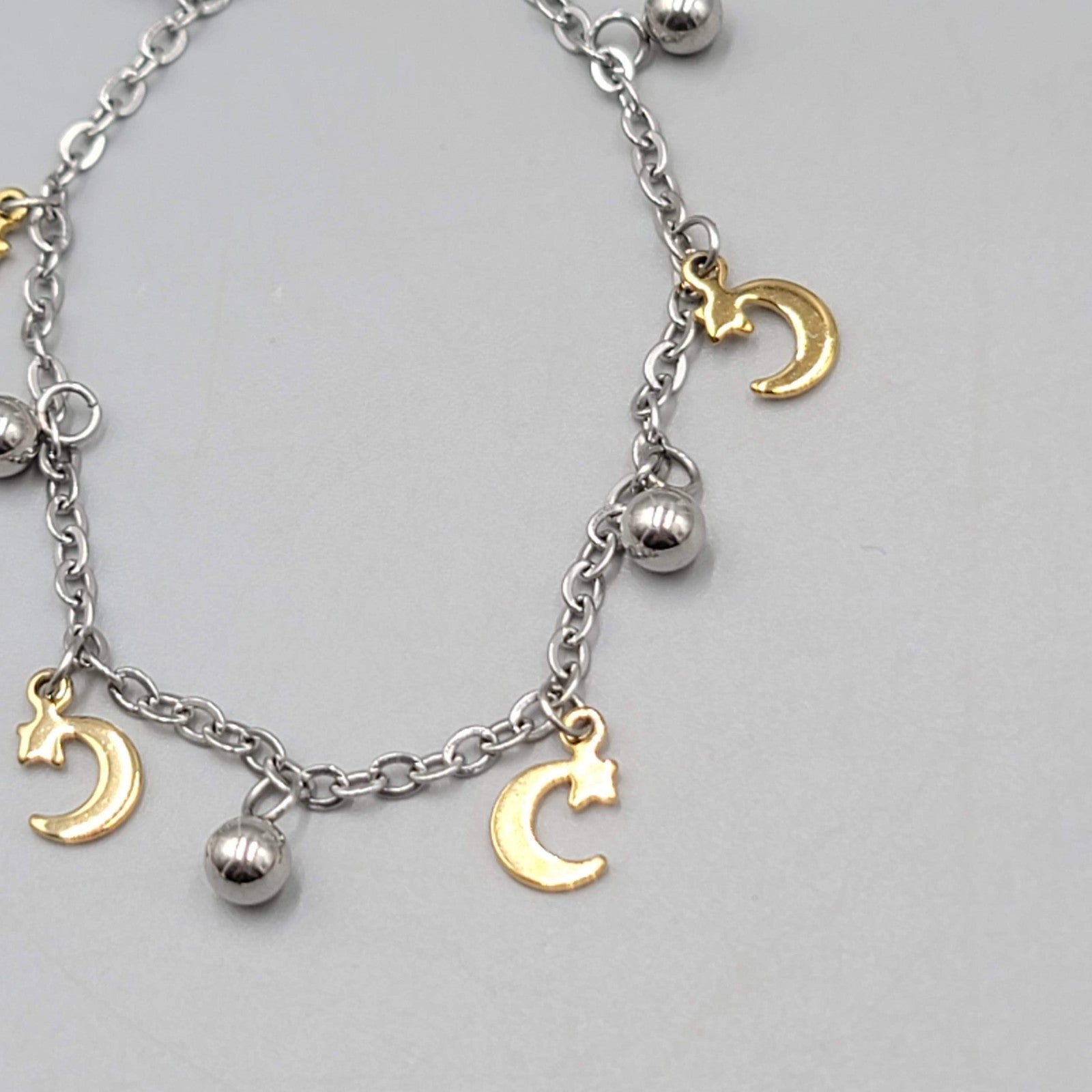 Moon Charm Bracelet Silver tone Chain Gold tone Charms 6.5" - 7.5" Adj