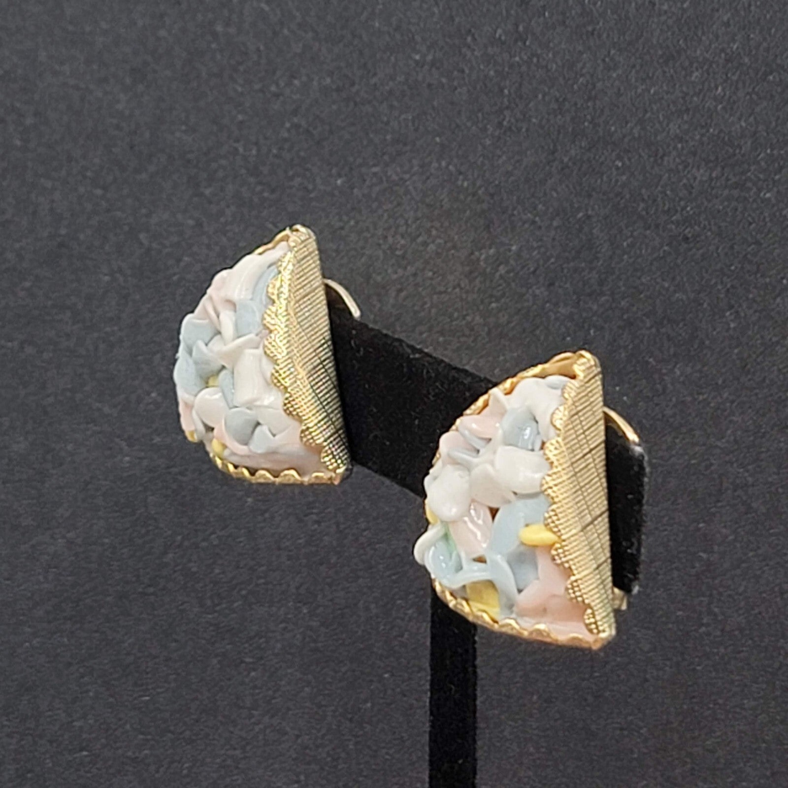 Vintage Clip on Earrings Gold tone Triangle Multicolor Pastel Glass Chips 1"
