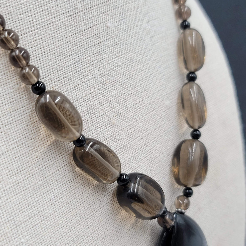 ATI Glass Bead Necklace Black Smokey Teardrop Pendant Sterling Silver Clasp 16"